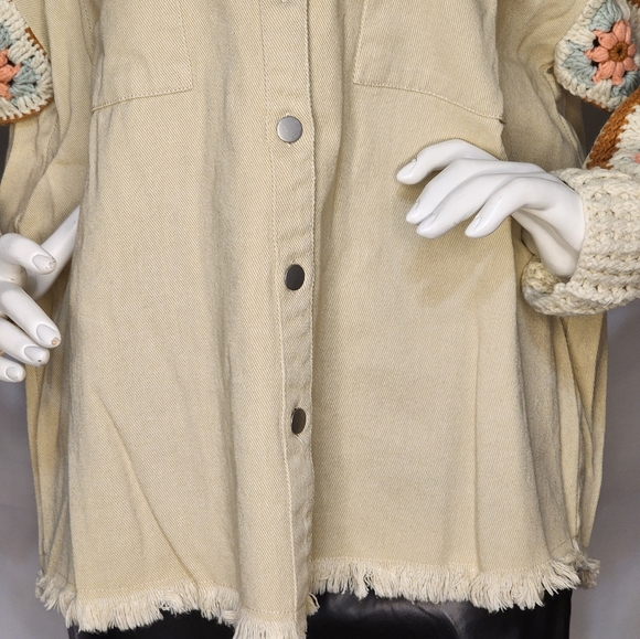 NWT Bibi Cream Crochet Sleeve Shacket Modern Vintage Cozy Statement Medium - Picture 5 of 10